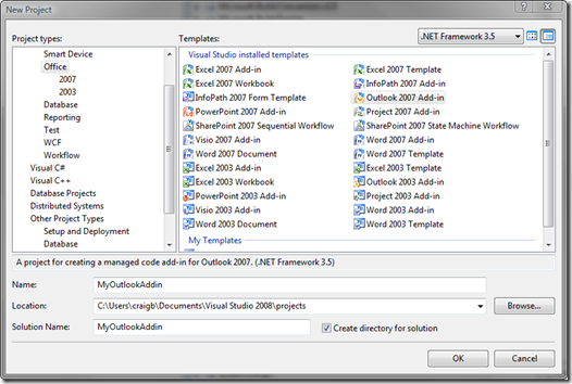Visual Studio New Project dialog showing VSTO templates