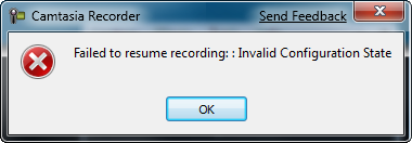 Camtaisa error - Failed to resume recording